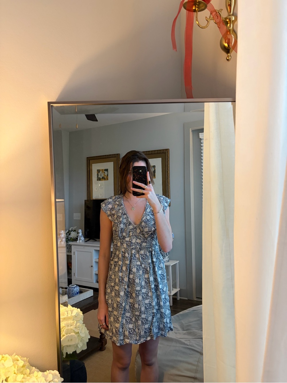 Anthropologie Blue Floral V-Neck Mini Dress